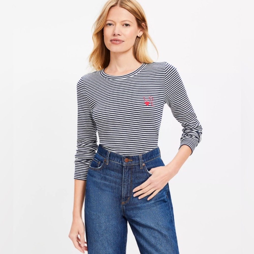 LOFT Navy and White Striped Long Sleeve Tee